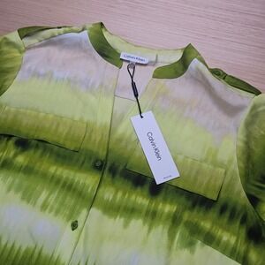 Calvin Klein Women Green Tie Dye Button Top Size 0X Collared Roll Tab Sleeve NEW